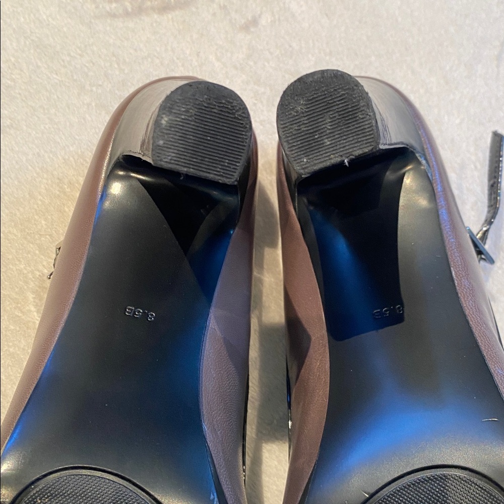 Lauren Ralph Lauren Mary Jane taupe leather gray patent platform heels Sz 8.5 - Picture 8 of 9